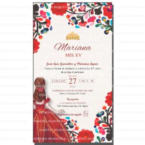 invitacion quinceñera vestido rojo flores fiesta mexicana